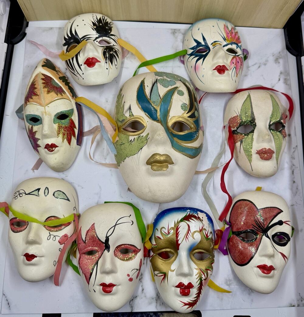 Lot of 9 Vintage Ceramic Mardi Gras Masquerade Masks, Hand Painted Wall Decor